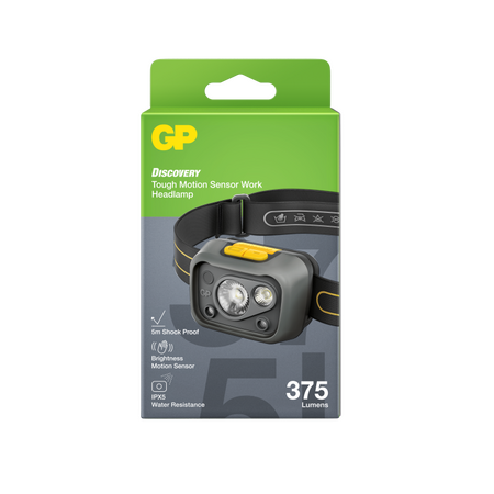 GP Discovery Consumer Headlamp | 375 Lumens | Tough Motion Sensor | IPX5 Water Resistant | by Powercell