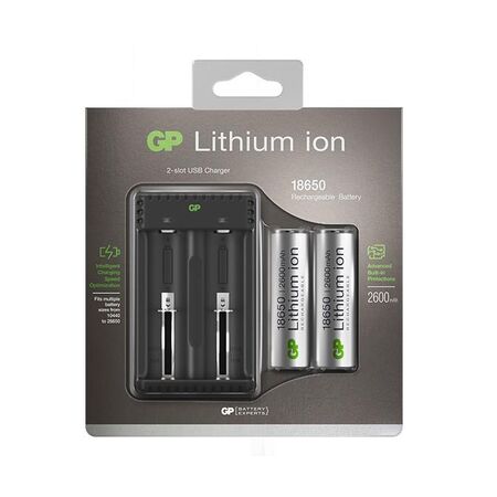 5V Dual Slot Li-Ion Charger | Includes 2 x GP18650 Batteries | Intelligent Charging | USB Powered | by Powercell