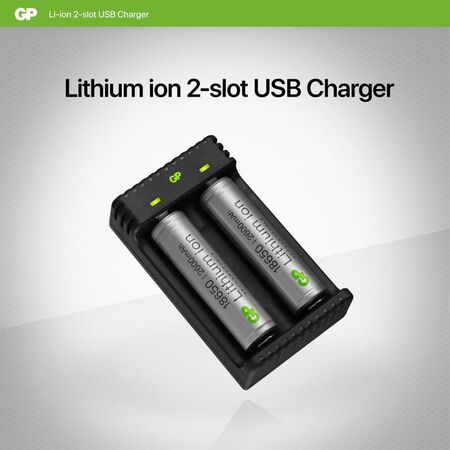 5V Dual Slot Li-Ion Charger | Includes 2 x GP18650 Batteries | Intelligent Charging | USB Powered | by Powercell