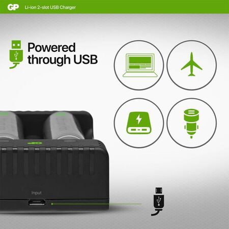 5V Dual Slot Li-Ion Charger | Includes 2 x GP18650 Batteries | Intelligent Charging | USB Powered | by Powercell