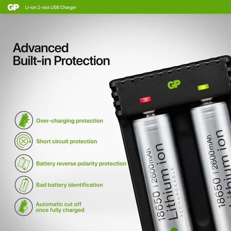 5V Dual Slot Li-Ion Charger | Includes 2 x GP18650 Batteries | Intelligent Charging | USB Powered | by Powercell