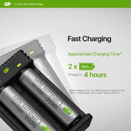 5V Dual Slot Li-Ion Charger | Includes 2 x GP18650 Batteries | Intelligent Charging | USB Powered | by Powercell