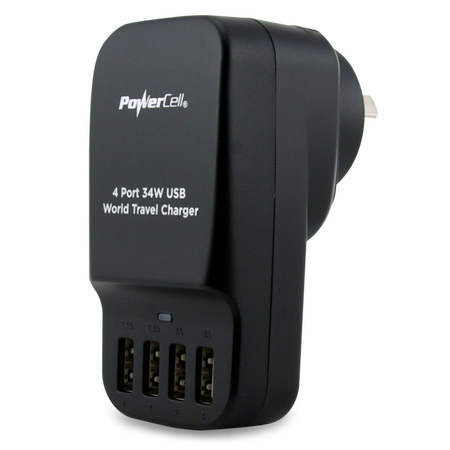 4 Port USB Portable Travel Charger | Compact Design | 2.4A & 1A Outputs | International Adaptors | by Powercell