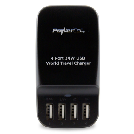 4 Port USB Portable Travel Charger | Compact Design | 2.4A & 1A Outputs | International Adaptors | by Powercell