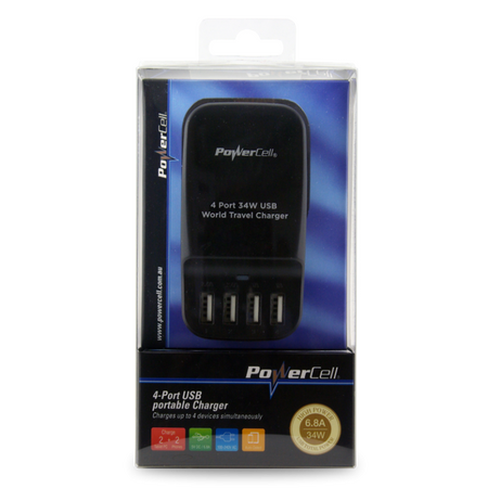 4 Port USB Portable Travel Charger | Compact Design | 2.4A & 1A Outputs | International Adaptors | by Powercell