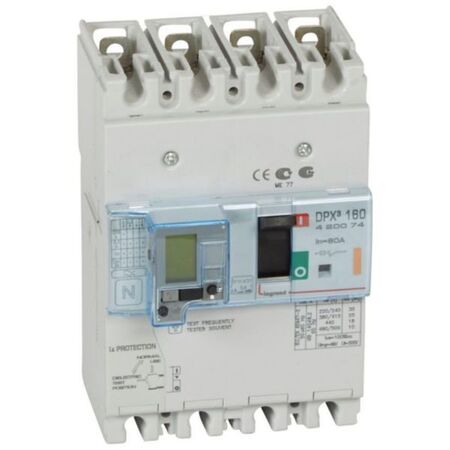 DPX³160 thermal magnetic release circuit breaker with earth leakage module, 4 poles 80A and breaking capacity 25kA