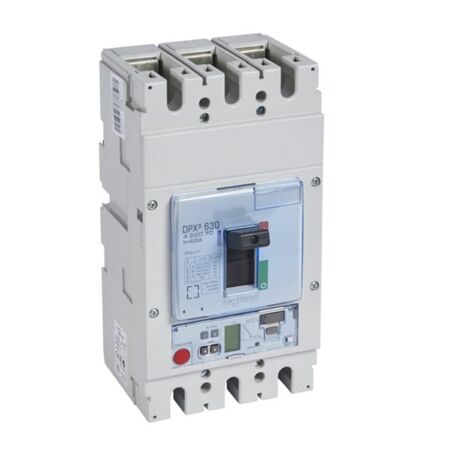 Circuit breaker DPX3 630,3 poles, with rated current of 500A and thermal magnetic protection.