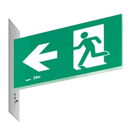 Legrand E3 LED Exit Sign Diffuser with Stainless Steel Wall Plate on the Left - Running Man Left Single Sided