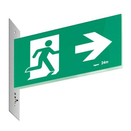 Legrand E3 LED Exit Sign Diffuser with Stainless Steel Wall Plate on the Left - Running Man Right Single Sided