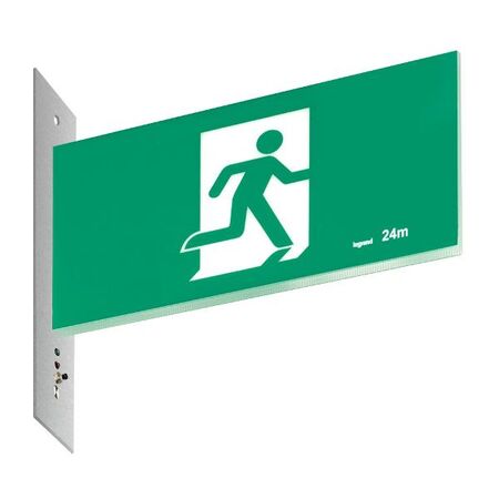 Legrand E3 LED Exit Sign Diffuser with Stainless Steel Wall Plate on the Left - Running Man Straight Double Sided