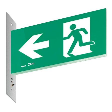 Legrand E3 LED Exit Sign Diffuser with Stainless Steel Wall Plate on the Left - Running Man Left Double Sided