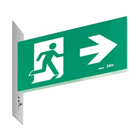 Legrand E3 LED Exit Sign Diffuser with Stainless Steel Wall Plate on the Left - Running Man Right Double Sided