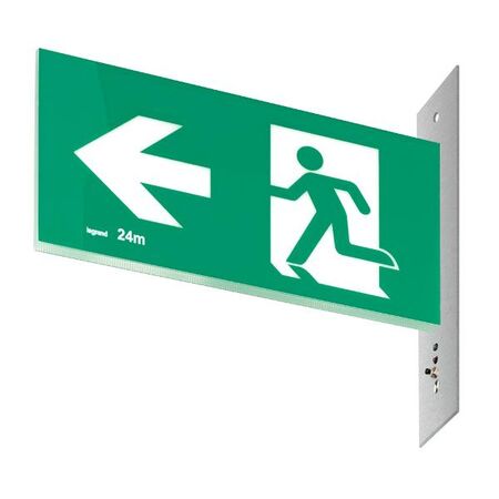 Legrand E3 LED Exit Sign Diffuser with Stainless Steel Wall Plate on the Right - Running Man Left Single Sided