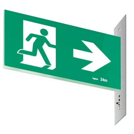 Legrand E3 LED Exit Sign Diffuser with Stainless Steel Wall Plate on the Right - Running Man Right Single Sided