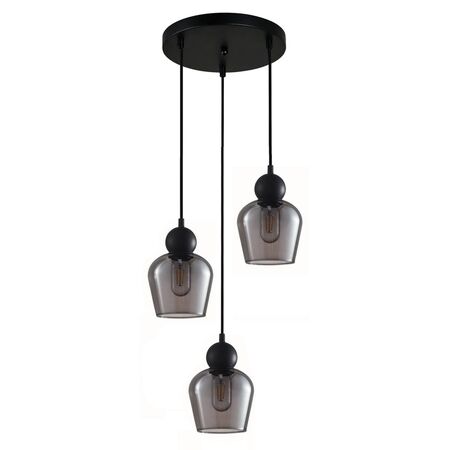 CHAMPAN: Interior Bronze Amber / Smokey Black Glass Ellipse Multiple Round Base Pendant Lights