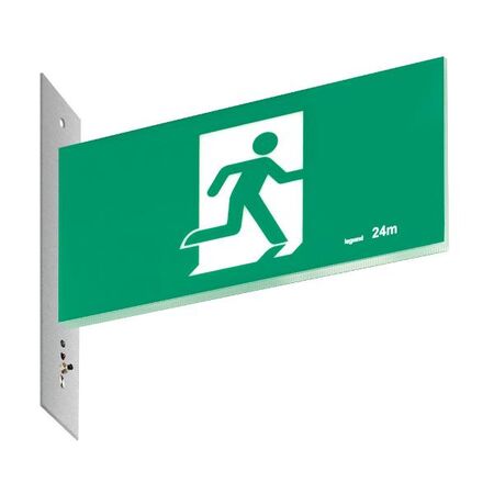 Legrand E3 LED Exit Sign Diffuser with Stainless Steel Wall Plate on the Left - Running Man Straight Single Sided