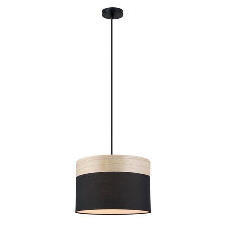 TAMBURA: Scandinavian Medium Drum Cloth Shade with Wood Veneer Trim Pendant Lights
