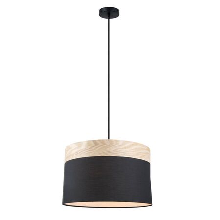 TAMBURA: Scandinavian Large Drum Cloth Shade with Wood Veneer Trim Pendant Lights