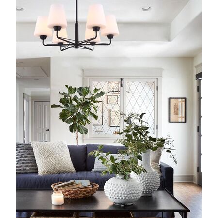 ABBEY: Interior Traditional 6 Lamps Opal Glass Pendant Lights