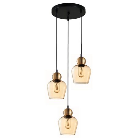 CHAMPAN: Interior Bronze Amber / Smokey Black Glass Ellipse Multiple Round Base Pendant Lights