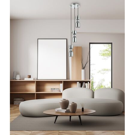 CLESSIDRA:  Interior Mirror Finish Smokey Black / Opal Glass Ellipse Multiple Round Base Pendant Lights