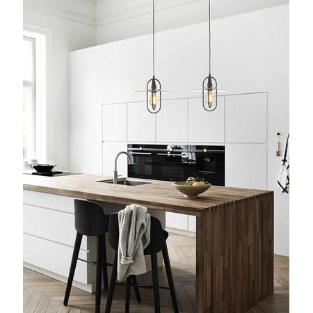 PAPILLON: Interior Oblong Iron with Glass Coolie Pendant Lights