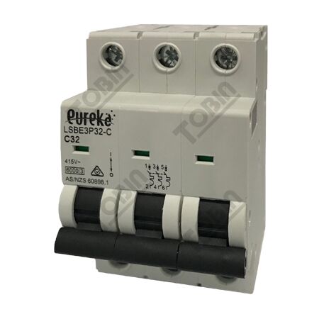 MCB EUREKA 3 Pole Miniature Circuit Breaker | 32A Current Rating | C Curve Trip | 6kA Breaking Capacity | by Tobin