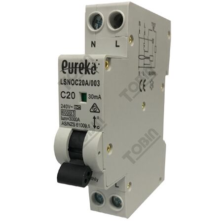 RCBO EUREKA 1 Pole Compact 20A C Curve 6kA 30mA | Earth Leakage Protection | Compact Design | by Tobin