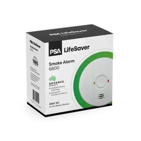 PSA Smoke Alarm Photoelectric | 240VAC with 9V Battery Backup | Hush & Test Button | Insect Mesh | by Fire Factory Australia