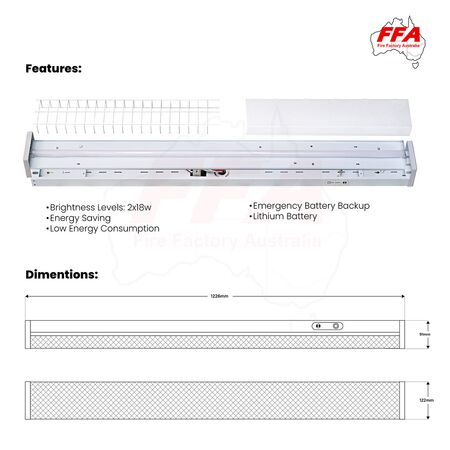 4 Foot LED Emergency Light | 20W Bright Illumination | Protective Wire Guard | Lithium Battery | by Fire Factory Australia