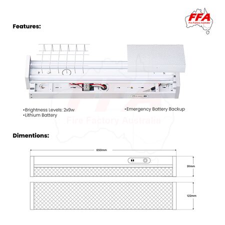 2x10W 2 Foot LED Emergency Light | Lithium Battery | Bright Dual Lamps | Ceiling or Wall Mount | by Fire Factory Australia