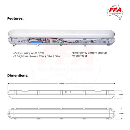 Smart LED Tri-proof 4 Foot Twin Emergency Batten | Adjustable CCT | IP65 Rated | Emergency Backup | by Fire Factory Australia