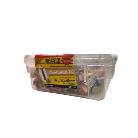 Mason Bolts Hex Head 12mm x 60mm | High-Strength Steel | Pack of 50 | by Fire Factory Australia