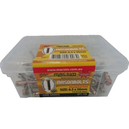 Mason Bolts Hex Head 6.5mm x 36mm | Durable Steel Construction | Pack of 100 | by Fire Factory Australia