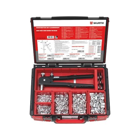 Rivet Nuts Round Pan Head Assortment | 506 Pieces | Aluminium Material | Includes Pliers & Mandrel | by Wurth