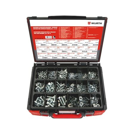 Hexagonal Bolt and Nut Assortment | 890 Pieces | Zinc-Plated Lock Washers | Organized Storage Case | by Wurth