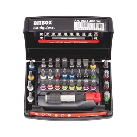 Bit Box Size 3 | 33 Piece Bit Mix Set | RW, PH, PZ, TX, HEX | Compact Design | by Wurth