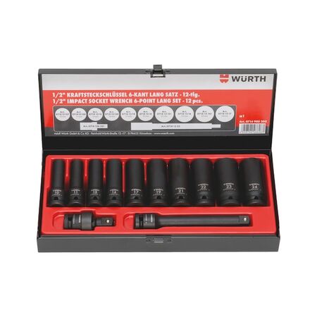 1/2 Inch Impact Socket Wrench Assortment | 12 Pieces | Long Socket Design | Hexagon Grip | by Wurth