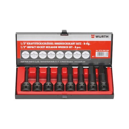 1/2 Inch Impact Socket Wrench Assortment | 8 Pieces | Hexagon Design | Long Reach | by Wurth