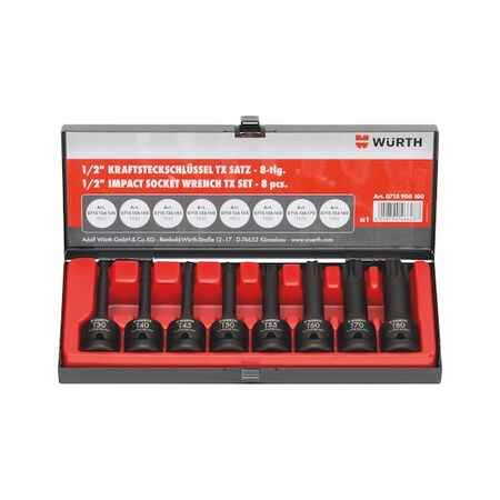 1/2 Inch Impact Socket Wrench Assortment | TX Socket Type | Long Reach Design | 8 Pieces | by Wurth