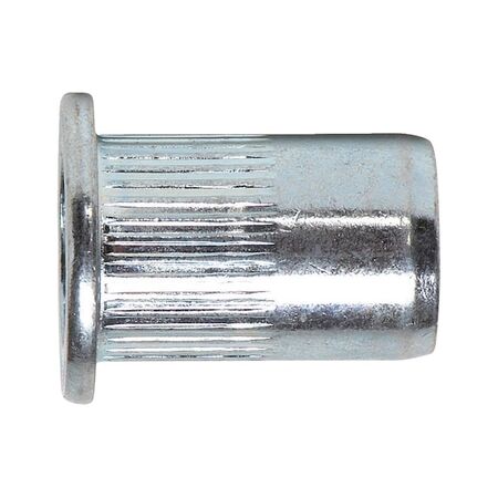 Rivet nut with flat head and knurled shank