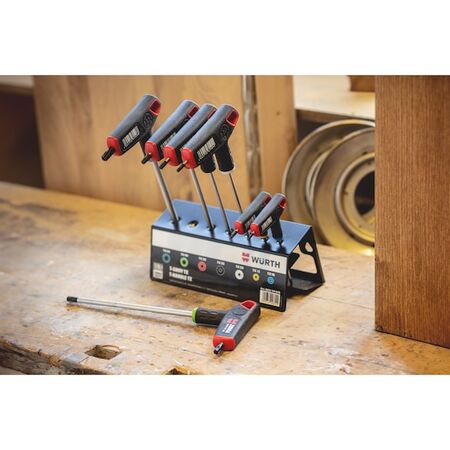 2C T Handle TX Set 7 pcs | Asymmetric Ergonomic Design | Matt Chrome-Plated Blades | Metal Rack Included | by Wurth