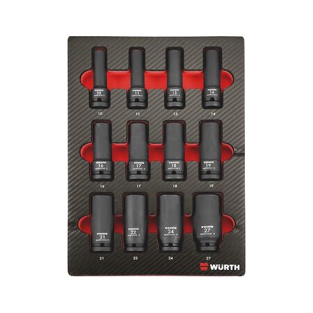 Power Socket Wrench Hex Long 1/2 Inch Set | 12 Pieces | Carbon Finish | by Wurth