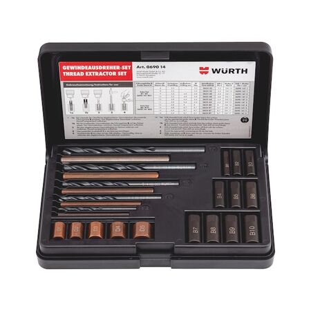 Thread Extractor Set 25 Pieces | Suitable for 6-16 mm | Includes Twist Drill Bit | High-Quality Plastic Case | by Wurth