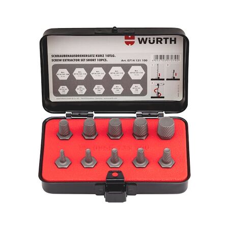 Screw Extractor Set Short 10 Pieces | Precision Conical Spiral | 13mm Hexagon Drive | Metal Box Storage | by Wurth