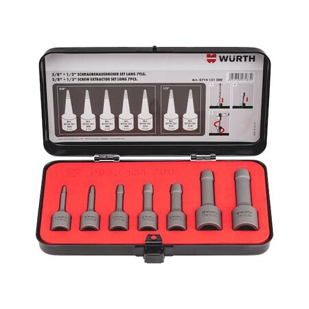 Screw Extractor Set Long 7 Pieces | Conical Spiral Profile | 3/8 & 1/2 Inch Drive | by Wurth