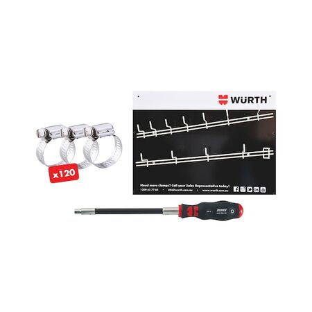 Power Seal Worm Drive Hose Clamp Set | 121 Pieces | Wall-Mountable Rack & Flex Screwdriver | by Wurth