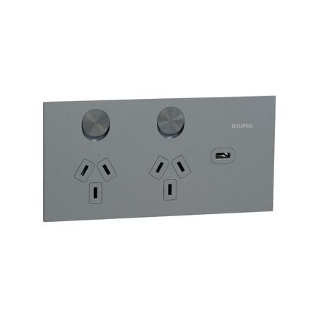 Double Switch Power Point with USB C Charger | Polished Ceramic Finish | Horizontal Mount | 10A | @Each of 5 | by Clipsal