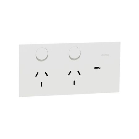 Double Switch Power Point with USB C Charger | Polished White Ceramic | 10A Rated | Horizontal Mount | @Each of 5 | by Clipsal