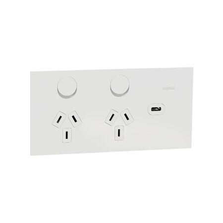 Double Switch Power Point with USB C Charger | 10A | Horizontal Mount | Polished White Ceramic | @Each of 1 | by Clipsal